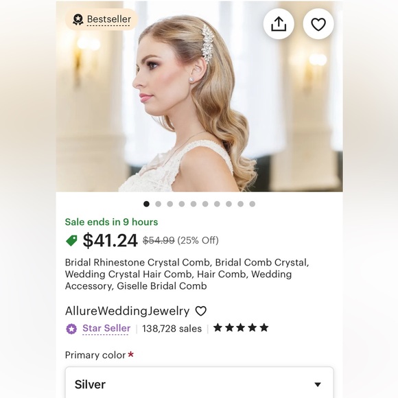 Silver Bridal Rhinestone Crystal Comb - Wedding Day Allure Bridal Hair Accessory - Picture 3 of 8